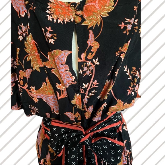 Maeve for Anthropologie Black w/ Orange & Coral Floral Belted Botanical Jumpsuit - Picture 6 of 7